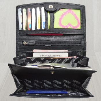 flevado Portemonnaie Schwarz Damen Leder Geldbörse Damenbrieftasche mit Klippfach RFID Schutz